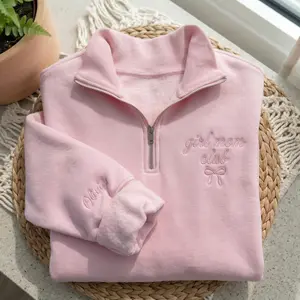 (Leave a note) Custom Girl Mom Club Embroidered Quarter Zip Sweatshirt With Name On Sleeve, Mama Sweatshirt with Bow, Mothers Day Gifts, Mom of Girls Shirt