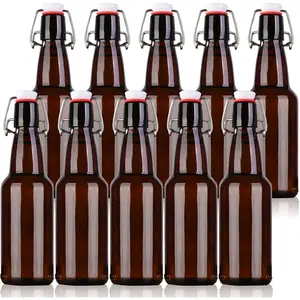 Amber Beer Bottles with Flip Caps, 12oz 10 Pack Glass Bottle with Swinging Top for Airtight Lids, Home Brewing and Fermentation Kombucha, Vanilla Extract, Beverage, Water, Kefir