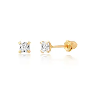 14KT Gold Square Cubic Zirconia Stud Earrings, 3MM - 6MM