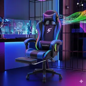 SonicMOO Gaming Chair with RGB LED Lights, Footrest, Lumbar Support & Headrest - High Back Reclining Swivel Computer Chair canopy