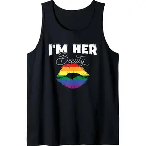 I'm Her Beauty Lesbian Couple LGBTQ Pride Tank Top - Rainbow Lips Graphic & "I'm Her Beauty" Text, Breathable Cotton Regular Fit Black Shirt for Gym, Workout, Casual Summer Wear, Pride Event Clothing | Rainbow Design Top | Soft Fabric Tank