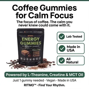RITMO Coffee Energy Gummies: Calm Focus No Crash No Jitters | Caffeine + L-Theanine + Creatine | Vegan Made in USA GMP Certified Gummies