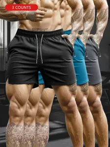 3-piece men's 3-inch solid color quick drying Athletic fitness shorts, moisture wicking and simple to wear for outdoor running, hiking, swimming, tennis, basketball, soccer, cycling, indoor fitness.