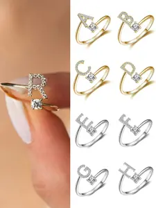 Rings for Women Silver Rose Gold Toe Ring English Letter Toe Rings for Women Artifical Crystal Alphabet Rings Adjustable Finger Rings Alphabet Design Ring