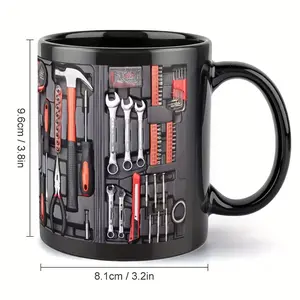 Toolbox Design Ceramic Mug - Black with Wrench & Hammer Print, Portable Coffee Cup for Camping, Picnic, Travel, Perfect Father's Day Gift for Dad, Camping Coffee Cup