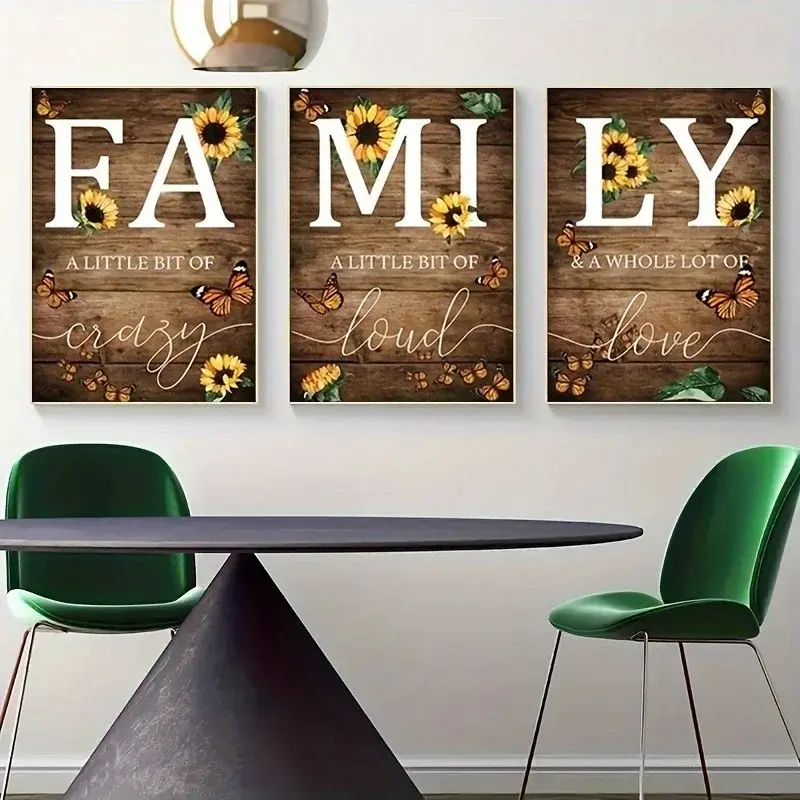 3pcs "Family" Sunflower Butterfly Wall Art Prints Inspirational Quotes Posters Canvas Prints Unframed Decorative Wall Art for Living Room No Frame