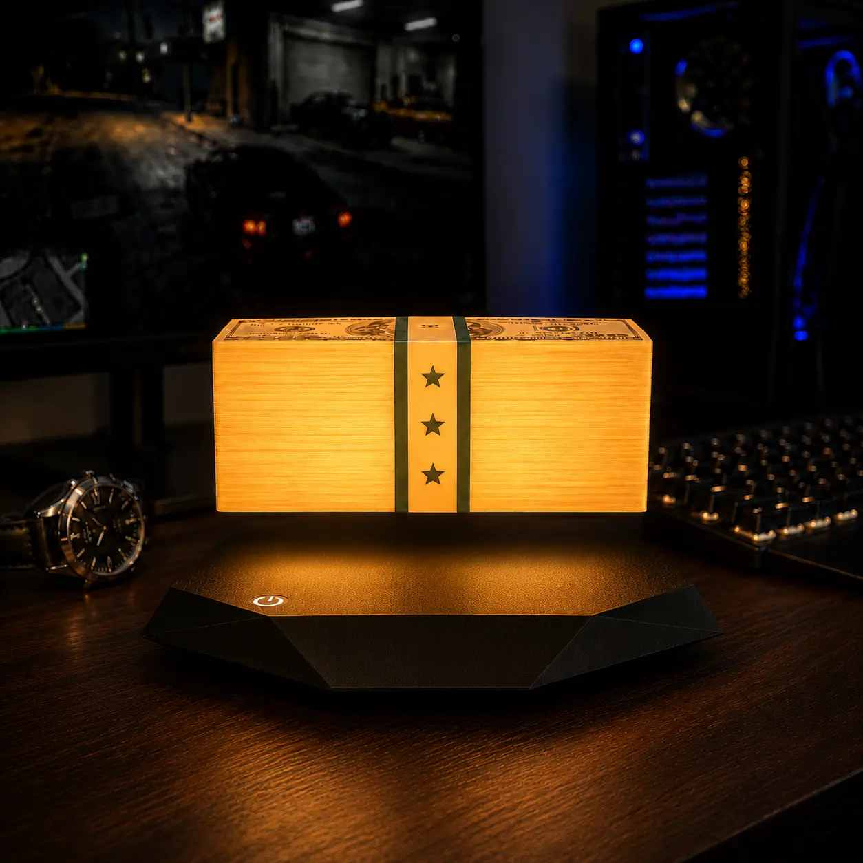 Magnetic Levitating Money Stack Night Light | LED 3-Color Modes (Warm/Cool/White) 360° Floating Cash Ambient Lamp, Crime City Heist Room Decor for Bedside & Game Room & Halloween Decor