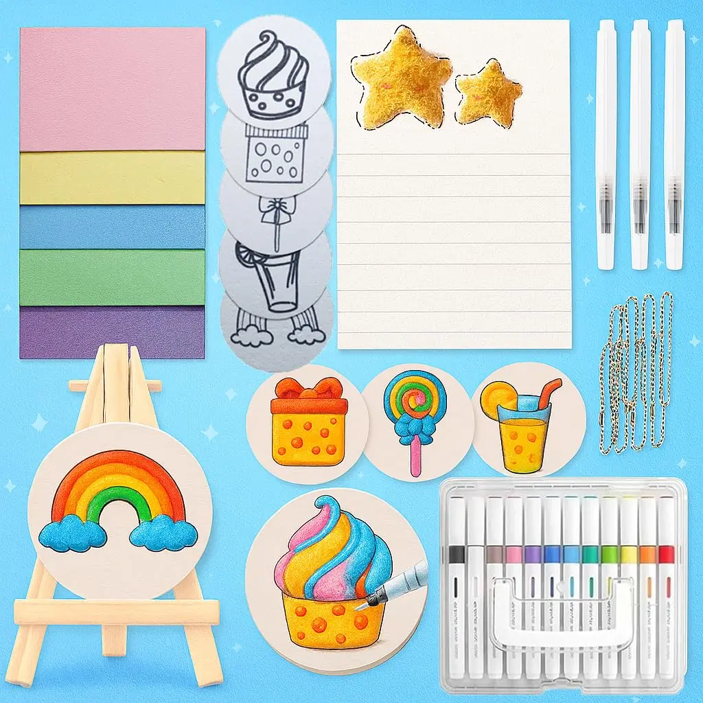OvOHapia 3D Foam Texture Painting Kit, Magic Puffy Paint, Magic 25 DIY Canvas Sponge Paper Art Set with Popcorn Bubble Drawing Sheets, Fun Crafts