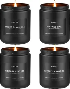 Scented Candles Set | Men Candle Set, Scented Candles for Home, Gifts for Men Aromatherapy Gift Set - 4 Pack Manly Gifts for Dad Fathers Day, Soy Candle of Leather/Smoke & Vanilla/Oak/Lavender Auelife