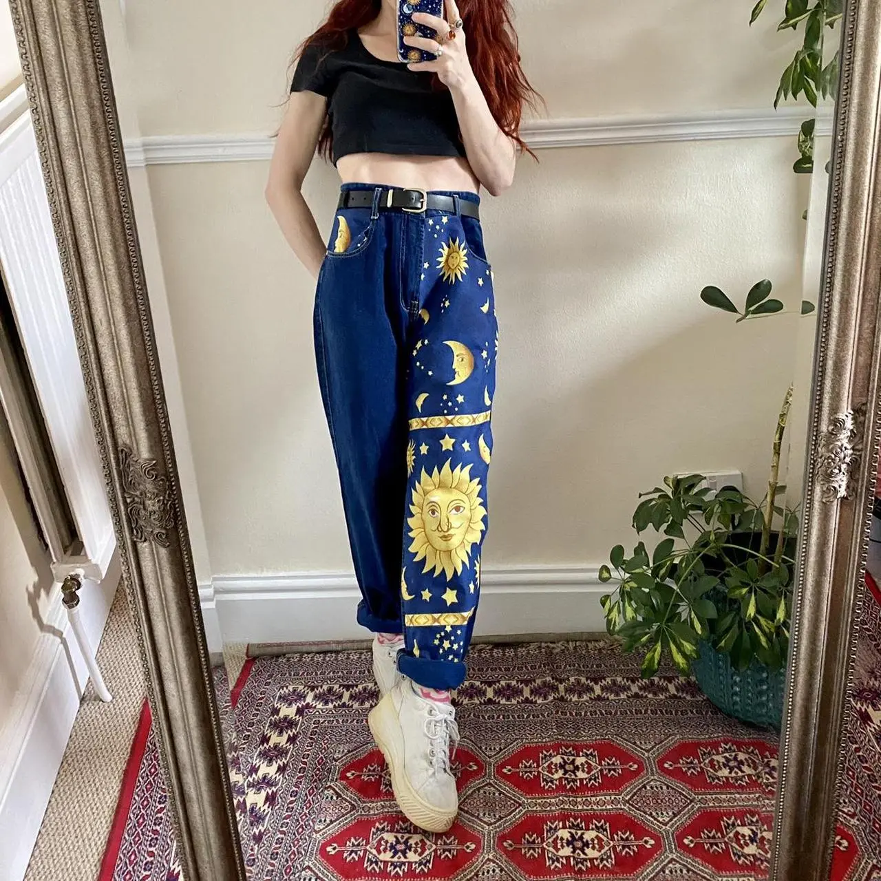 Women's Zodiac Denim Jeans - Sun, Moon, and Stars Design