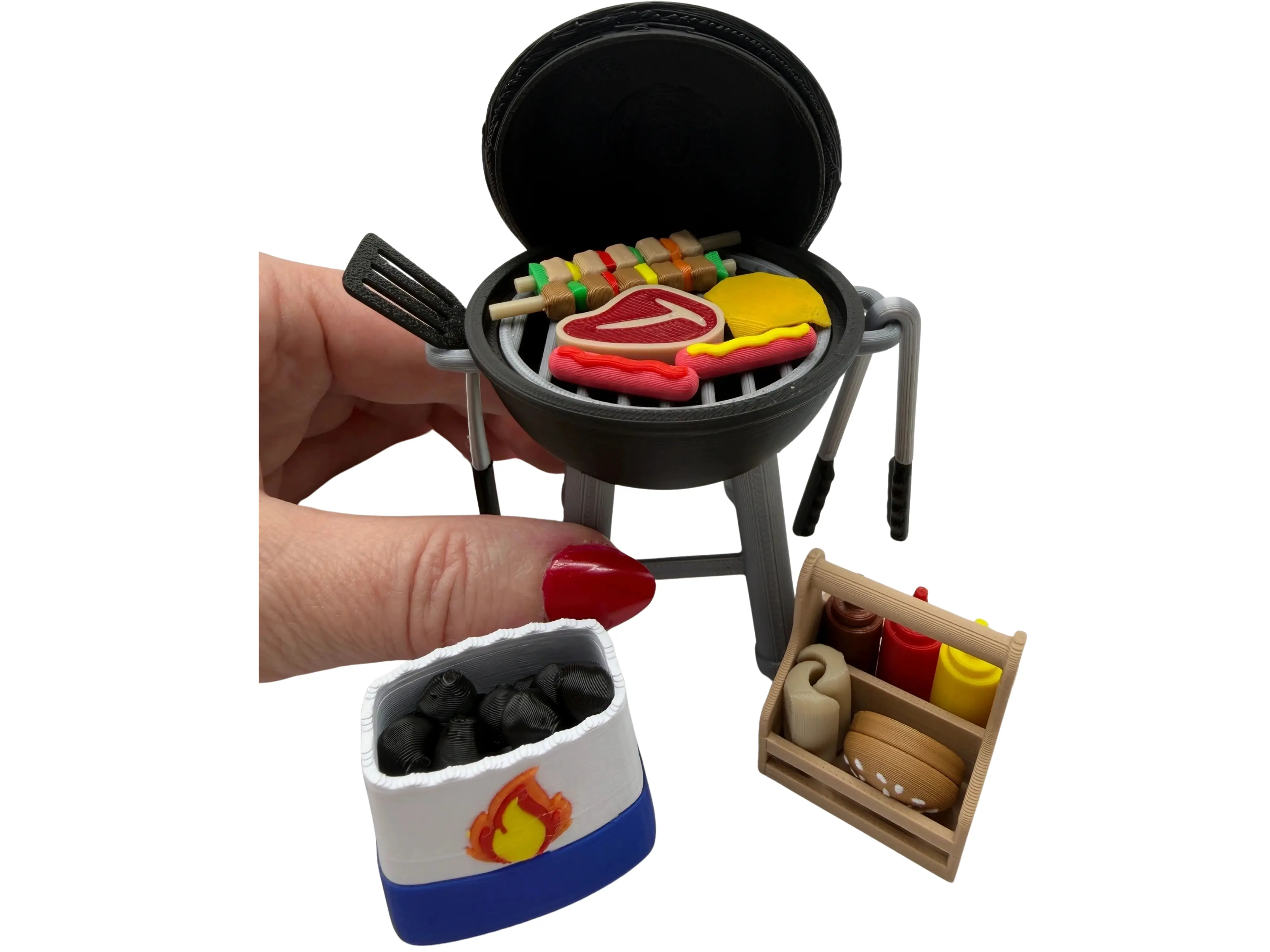 Mini 3D Printed BBQ Charcoal Grill w/ food, utensils, caddy, Father's Day, Grilling, Miniature, Spring, Summer, Miniverse, Desktop, Decor, Gifts