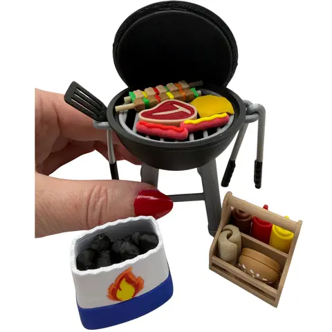Mini 3D Printed BBQ Charcoal Grill w/ food, utensils, caddy, Father's Day, Grilling, Miniature, Spring, Summer, Miniverse, Desktop, Decor, Gifts