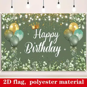1pc 2D Flat banner, Happy Sage Green Eucalyptus & Golden Sequin Balloon Birthday Banner - Polyester Party Backdrop, No Power Needed