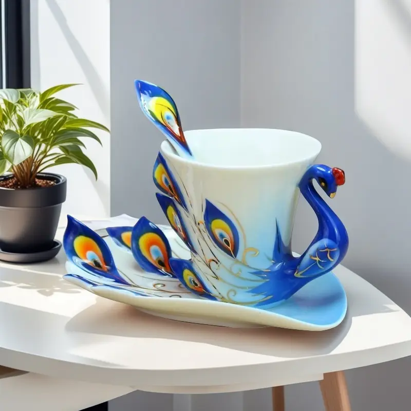 220ML Peacock Theme Ceramic Mug Set with Spoon, Coffee Cup Saucer, Creative Gift for Valentine's Day, Halloween, Christmas, Artistic China Tea Cup Dishware, Stylish Drinkware
