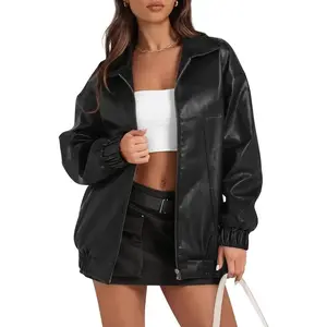 Women’s faux leather oversized casual zip-up bomber motorcycle jacket — fashionable autumn/winter apparel GARMENTARY
