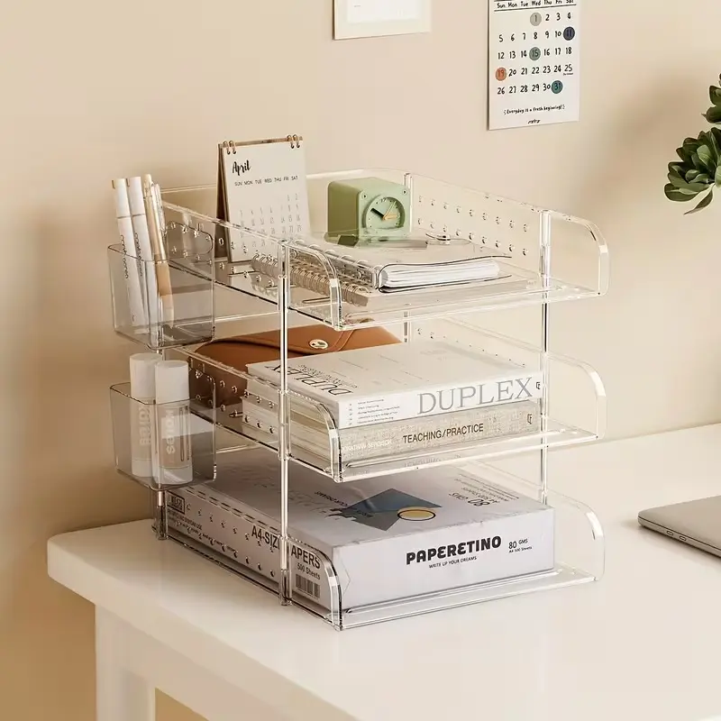 Multi-Layer File and Book Organizer Rack with Pen Holder, Transparent Desktop Square Stand for A4 Paper Storage, Home Office Management