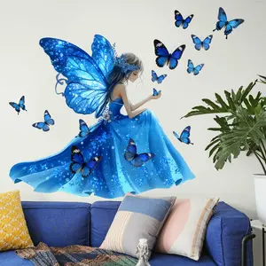 A set of two (30*90cm*2pcs) blue butterfly-themed girl's back wall stickers for living room, entrance, and corridor home decoration and beautification. Self-adhesive. M11086-ZY