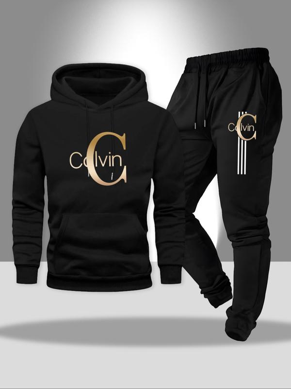 Men's Stylish Calvin Graphic Tracksuit, Casual Sweatsuits: Black Hoodie and Jogger Set with Gold Logo Print, Perfect for Urban Streetwear and Casual Daily Outfits Men's Stylish Calvin Graphic Tracksuit, Casual Sweatsuits: Black Hoodie and Jogger Set with Gold Logo Print, Perfect for Urban Streetwear and Casual Daily Outfits