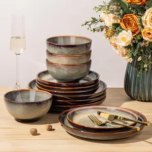 Stoneware Dinnerware Sets for 4, 12 count Ceramic Plates and Bowls Sets, Scratch Resistant Dish Set, Oven, Microwave & Dishwasher Safe, Coca Mocha