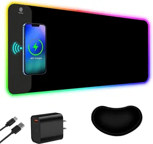 RGB Gaming  Pad, 15W LED  Mat with 30W Charger, 14 Light Modes Large Mousepad Wrist Support, Non-Slip Rubber Base Desk Mat Computer PC Keyboard Pad XXL, Cool Black