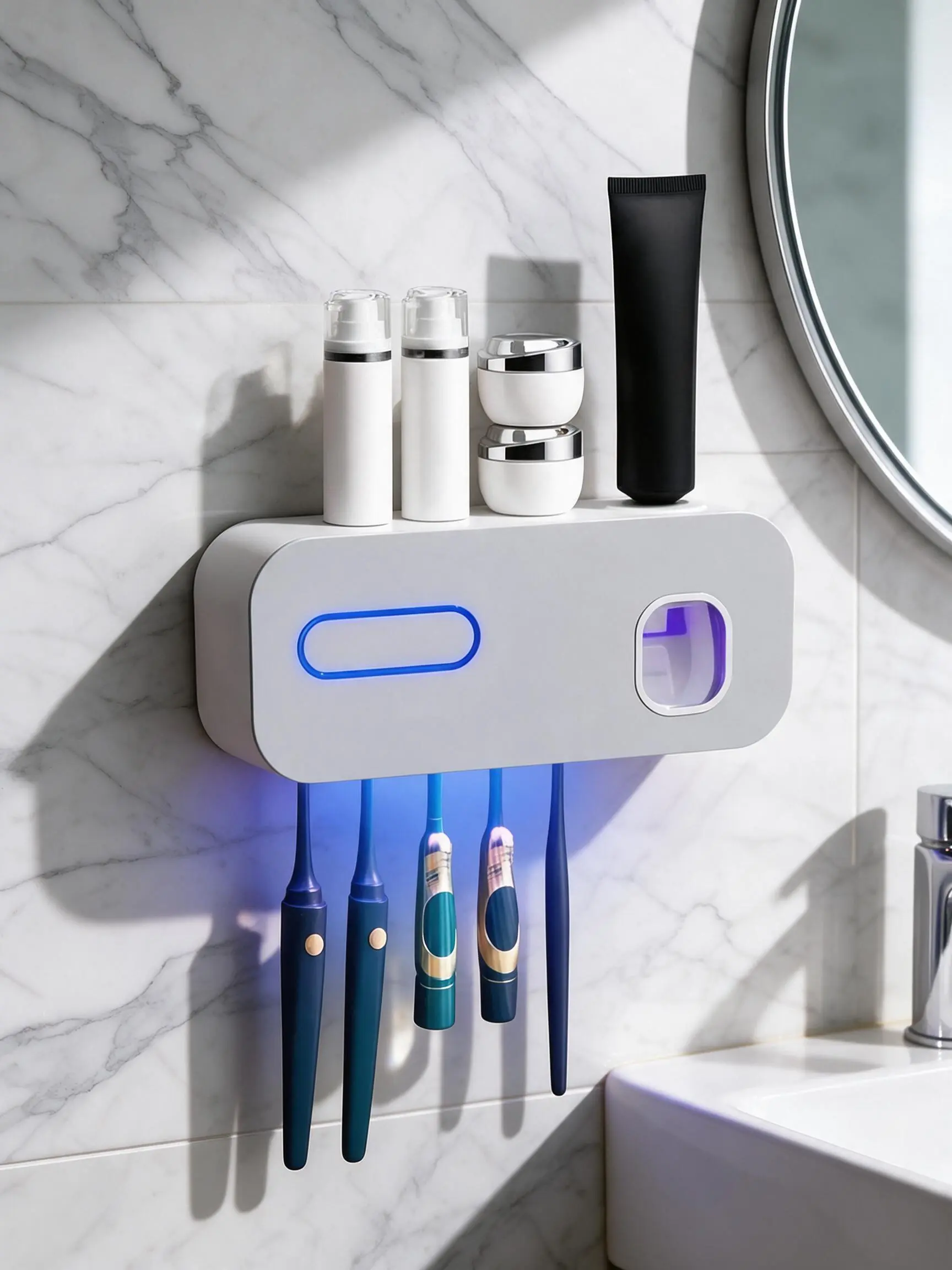 No Drilling Wall Mount Toothbrush Holder with UVC Sterilization & Automatic Toothpaste Dispenser, Waterproof Rechargeable Tooth Brush Sanitizer for Bathroom Vanity