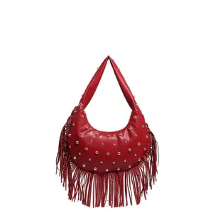 Vintage Tassel Studded Shoulder Bag for Women Edgy Retro Punk Fringe Crossbody Bag Trendy Minimalist Street Style Daily Purse with 2-Way Wear and Punk-Inspired Fringe