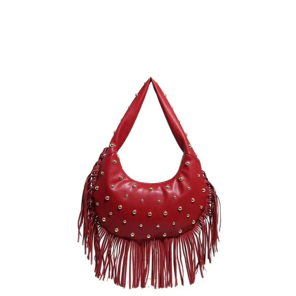 Women's High-Quality Vintage Polyester-PVC Crossbody Bag - Metal Stud, Tassel, Adjustable Strap, 2-Way Convertible, Zippered Multi-Functional Gym Shoulder Bag with Edgy Retro Charm for Daily Wear, Street Shoots