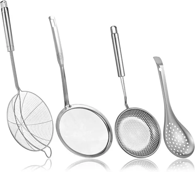 4-Pack Sturdy Metal Fine Mesh Strainer Set with Handles, Multi-Size Round/Slotted Kitchen Utensils (Sieve, Skimmer Spoon, Colander), Heat-Resistant Hanging Modern Sieves and Colanders for Frying, Baking