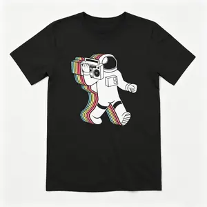 Retro Boombox Astronaut Rainbow Trail Graphic Oversized Crewneck Unisex Pure Cotton Tee, Soft Short Sleeve Casual Space Music Themed Top, All Season Wardrobe Essential For Summer Holiday Daily Street Outfits, Great Gift For Space & Music Lovers