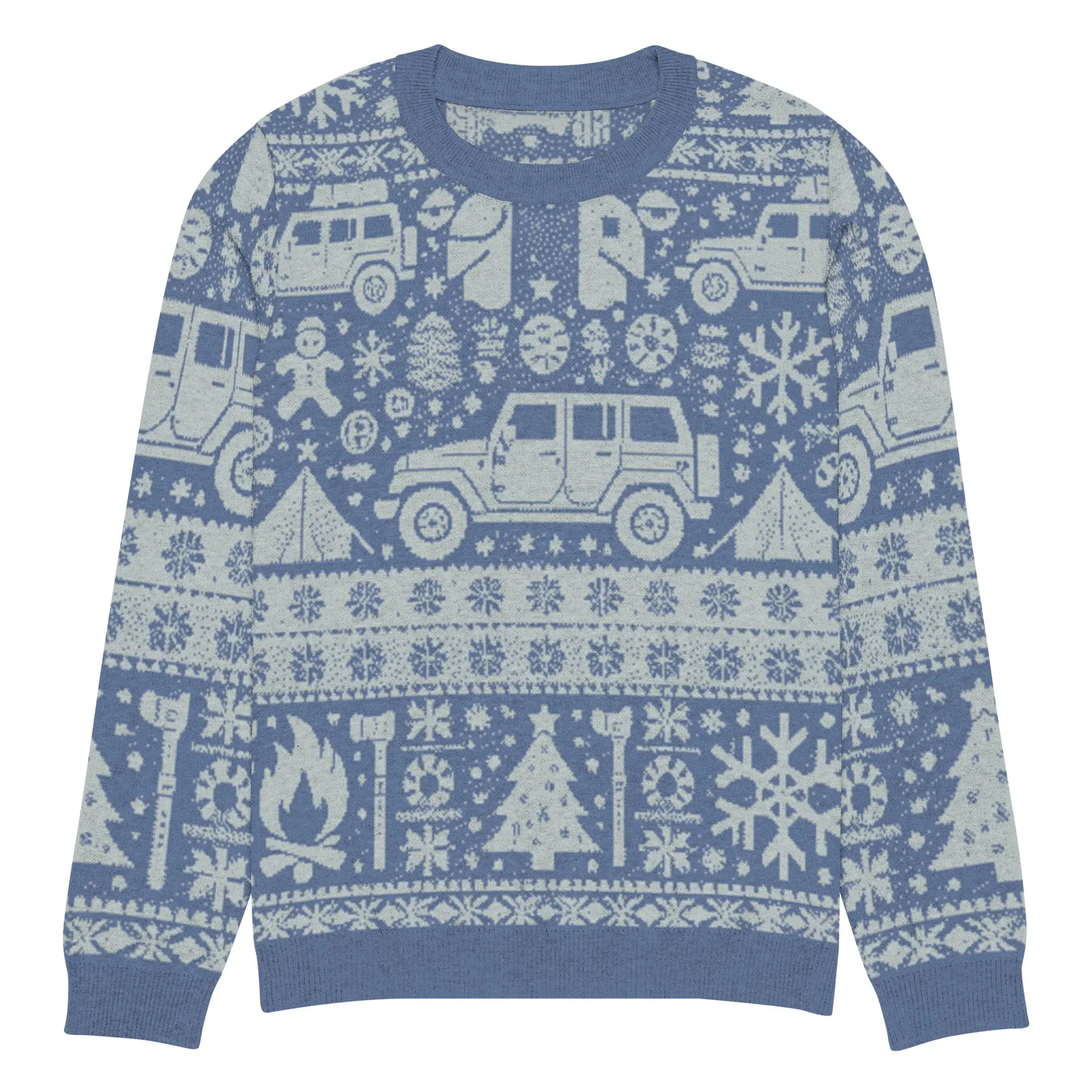 Vintage Jeeps and Trees Christmas Sweater - Classic Car Ugly Christmas Sweater - Retro Holiday Knit Sweater by Ramblin Fever Provisions (Blue)