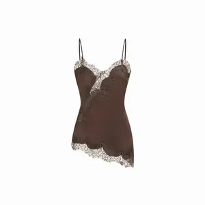 Cider Satin V-neck Floral Lace Lettuce Trim Cami Blouse