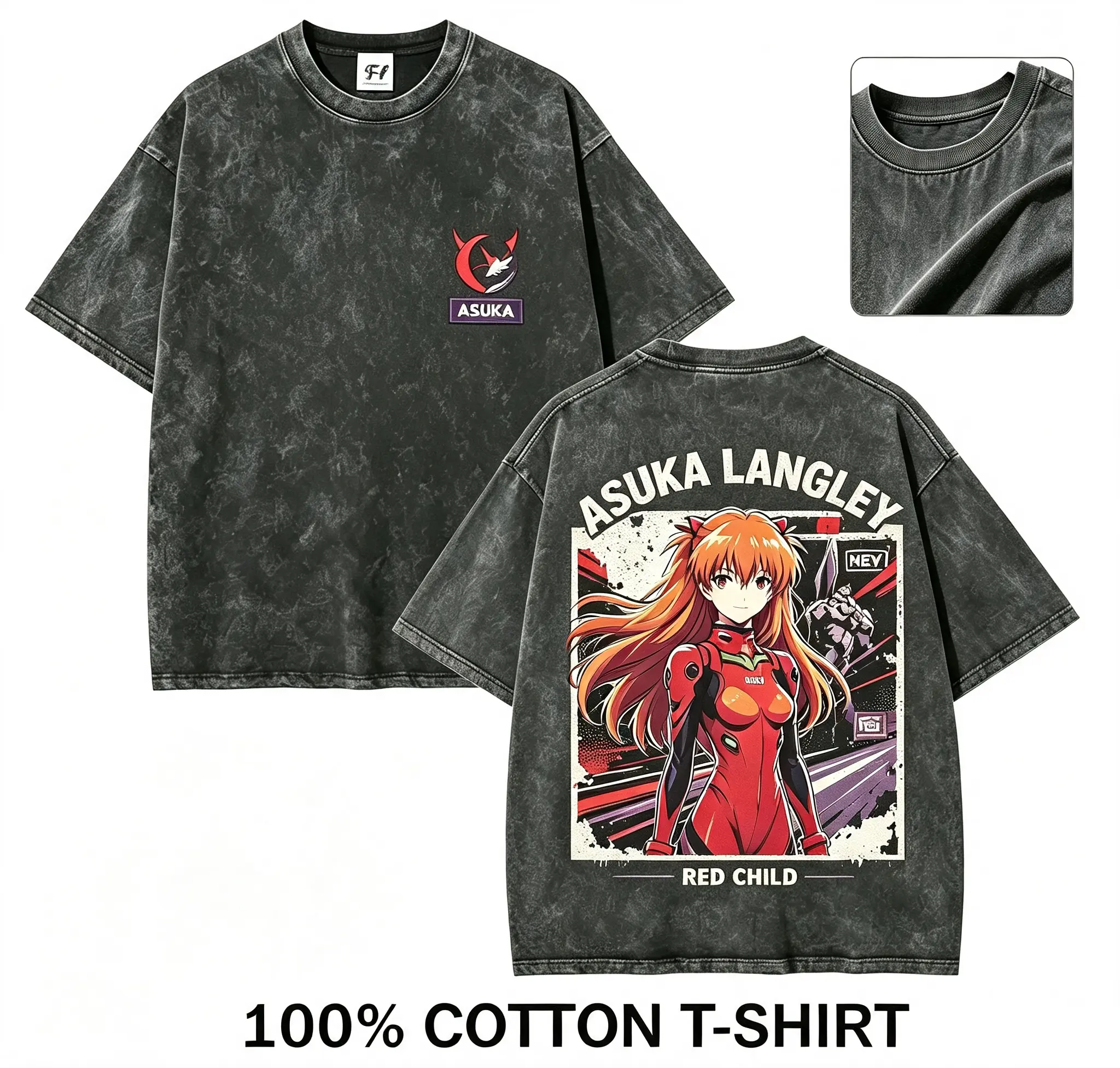 Retro Acid Wash Asuka Anime Tee, Front Small Asuka Logo Back Asuka Langley Poster Print Vintage T-Shirt, Cotton Oversized Shirt for EVA Fans Daily Street Outfit,design T-shirts,Trendy top short sleeve,Unisex couple t-shirt
