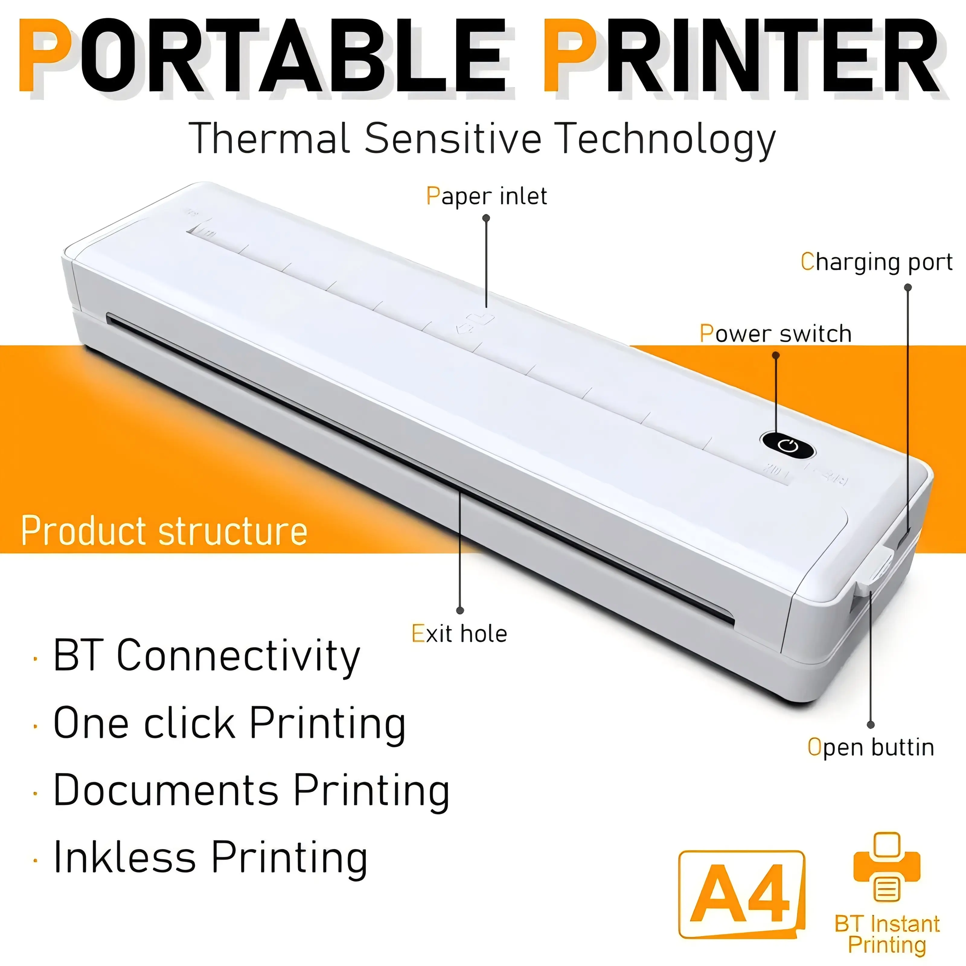 Portable A4 Thermal Printer, Wireless Bluetooth Inkless Printer for Travel Home Office, Support Mobile PDF Document Printing, Compact Rechargeable Thermal Printer Compatible with Phone & Laptop, No Ink Needed for Homework Contract Notes