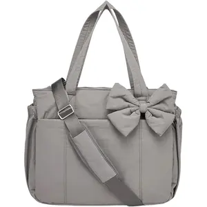 Lightweight Crush Bow Tote Bag for Women, Lightweight Puffy Bow Quilted Shoulder Bag for Work, Travel, Beach, Shopping