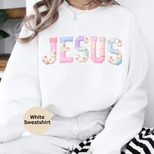 Faux Quilted Jesus Gildan Sweatshirt, Trendy Bow Easter day Women oversized Pullover, Women Christian graphic sweater