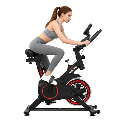 RELIFE Stationary Exercise Bike - Alloy Steel Unisex Compact Device Exercise Equipment with Triangular Frame, LCD Display, Adjustable Design, Customizable Seat, Belt for Home Cardio Gym Workouts