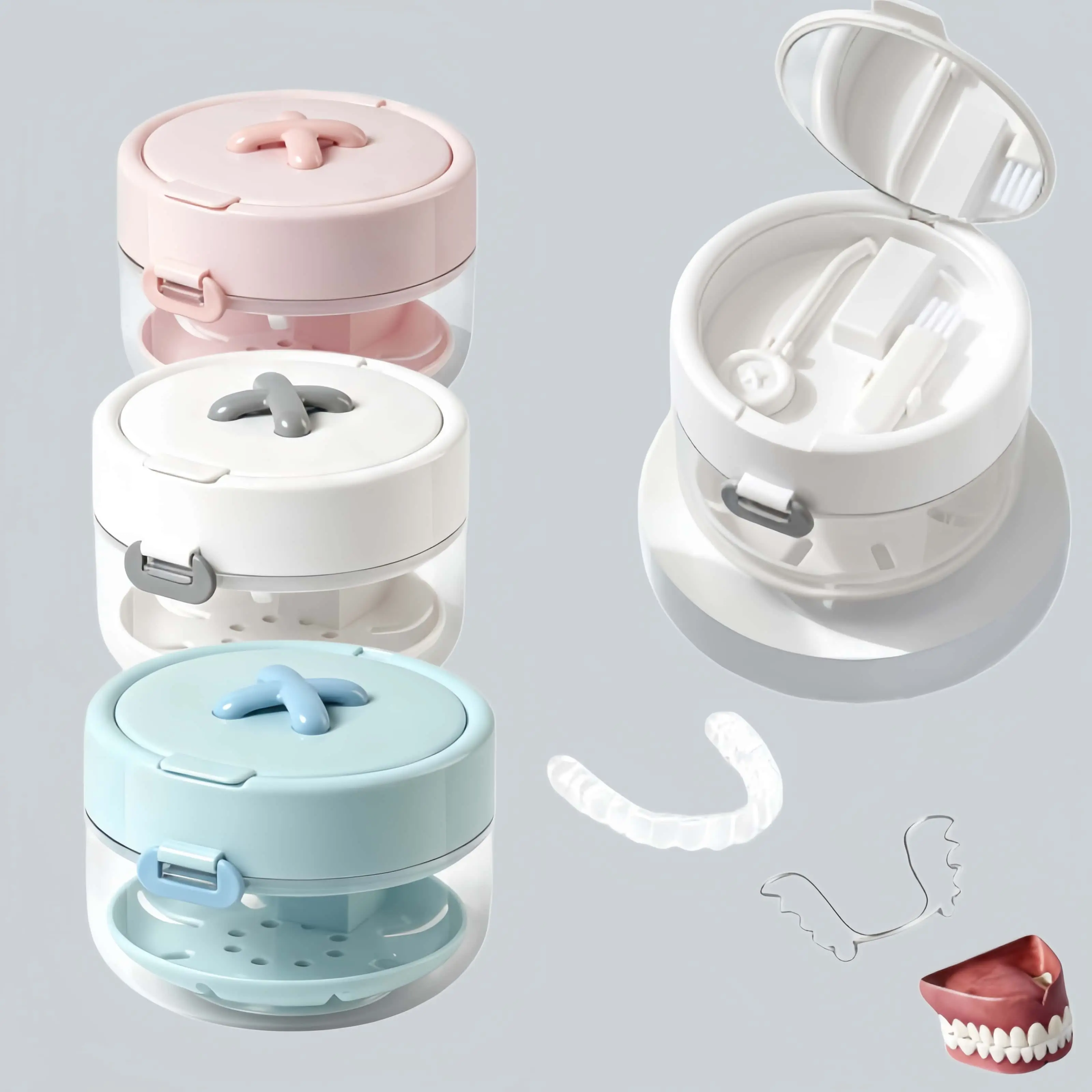 Retainer Cleaning Case, Travel Denture Soaking Storage Box with Drain Basket, Built-in Mirror & Cleaning Brush-MM