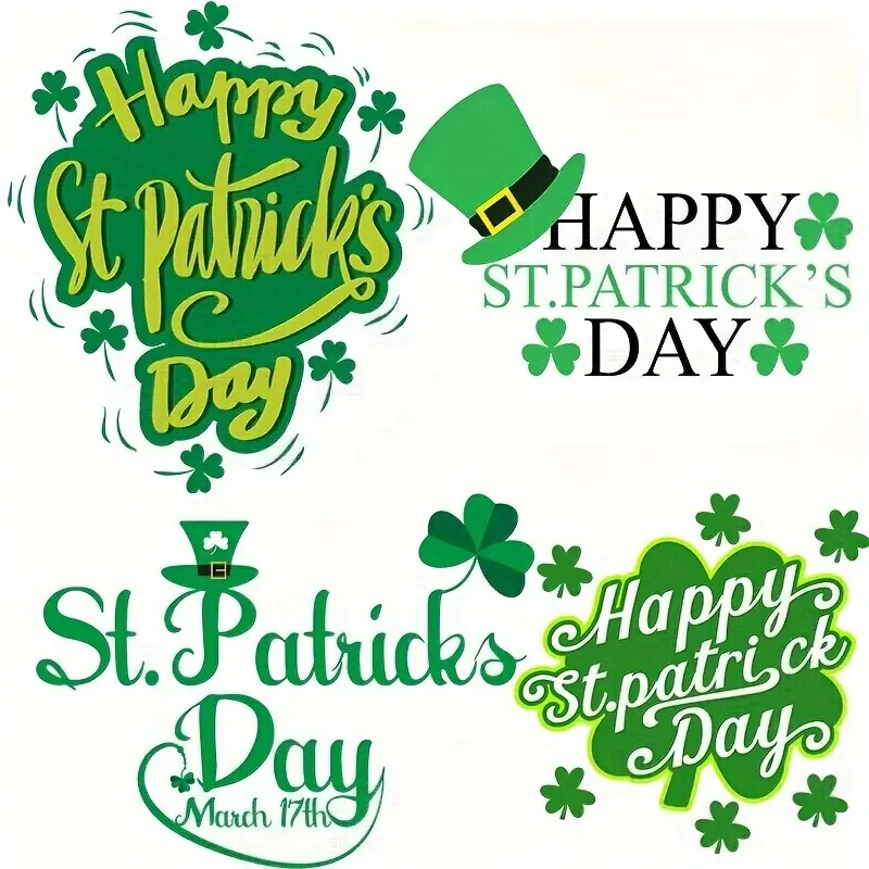 4 St. Patrick's Day iron-on transfer patches - Green strawberry and hat design, DIY washable patches for T-shirts, jeans, backpacks - Vibrant "Happy St. Patrick's Day" text.