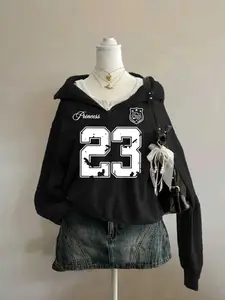 Women's Casual Wearable Home Clothes Top, Half Stand Collar Zipper Pullover Letter Print, Comfortable Leisurewear for Fall & Winter