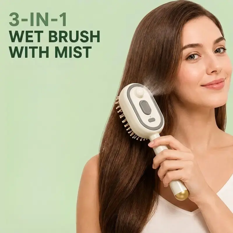 MIST SPRAY ELECTRIC AIR CUSHION MASSAGE HAIR COMB, 3-IN-1 Multifunctional Styling Brush, Anti-Tangle Anti-Static Detangler, Self-Clean Volumizing Aromatherapy Hair Brush, Reduce Frizz & Flyaways For Dry Damaged Hair