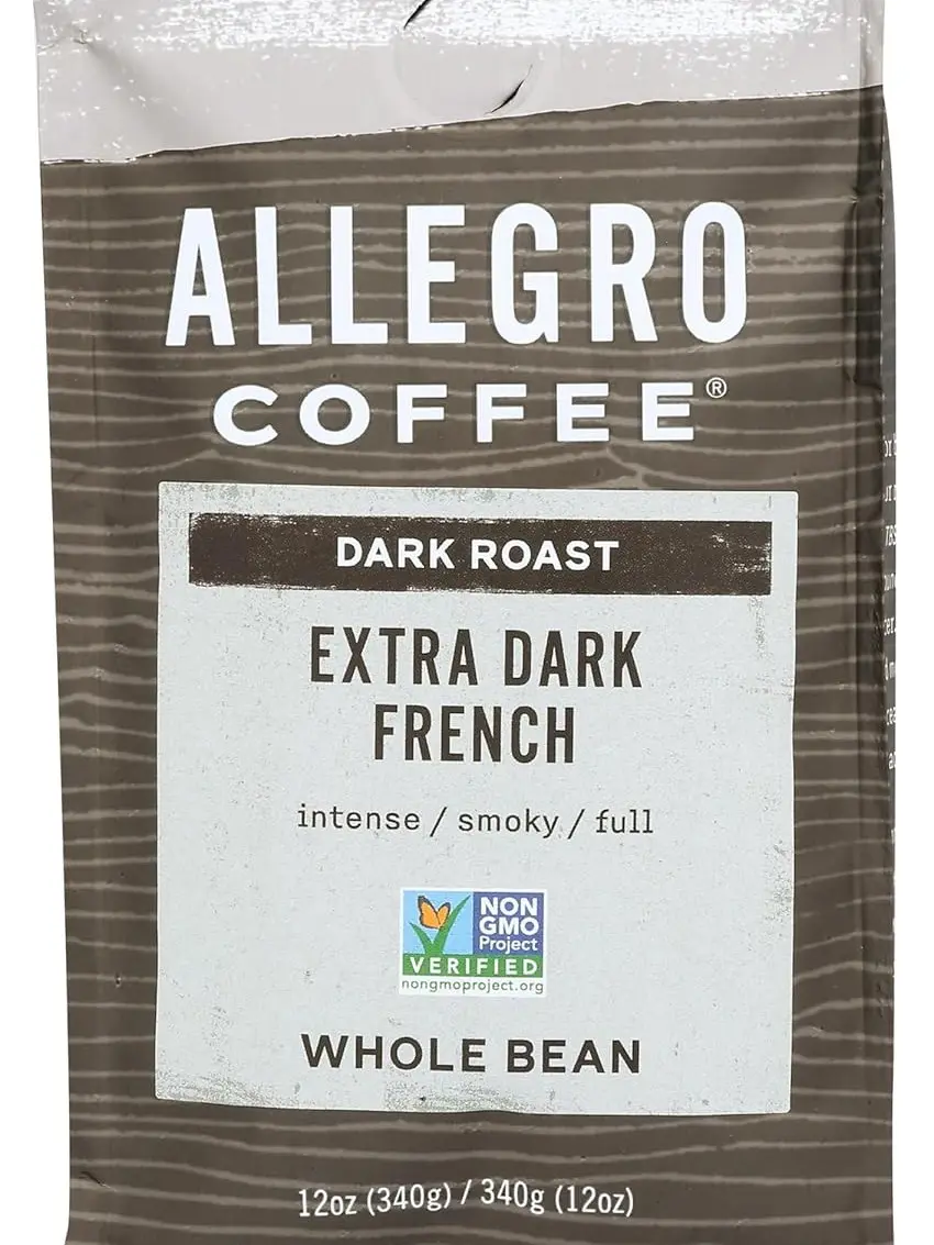 Allegro Coffee Extra Dark French Whole Bean Coffee, 12 oz Pure Arabica Smoky Rich Caffeinated Beans, Non-GMO Project Verified, Kosher Certified, Sealed Bag for Fresh Grind, Whole Foods Market & Espresso Machines, Suitable for All Ages