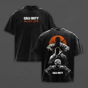 Streetwear Style Black Washed Call of Duty Black Ops Graphic T Shirt for Men Retro Grunge Tactical Soldier Team Orange Sun Military Shooter Art Print Short Sleeve Crewneck Cotton Tee Trendy Casual Top for COD Franchise Fans and Daily Activities