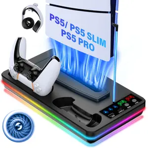 PS5 Cooling Stand for PS5 Pro/Slim/Standard, Dual Controller Charging Station with Cooling Fan, PS5 Accessories