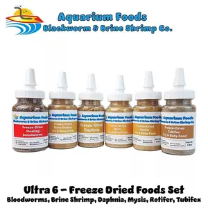 Ultra 6-Pack of Freeze-Dried High Protein Fish Foods. Tubifex Worm Fines, Bloodworms, Brine Shrimp Fines, Daphnia, Rotifers & Mysis Shrimp Fines for Bettas and all Community Tropical Fish. FREE 4-Type Wafer Mix & 12-Type Pellet Mix Included…Bottle