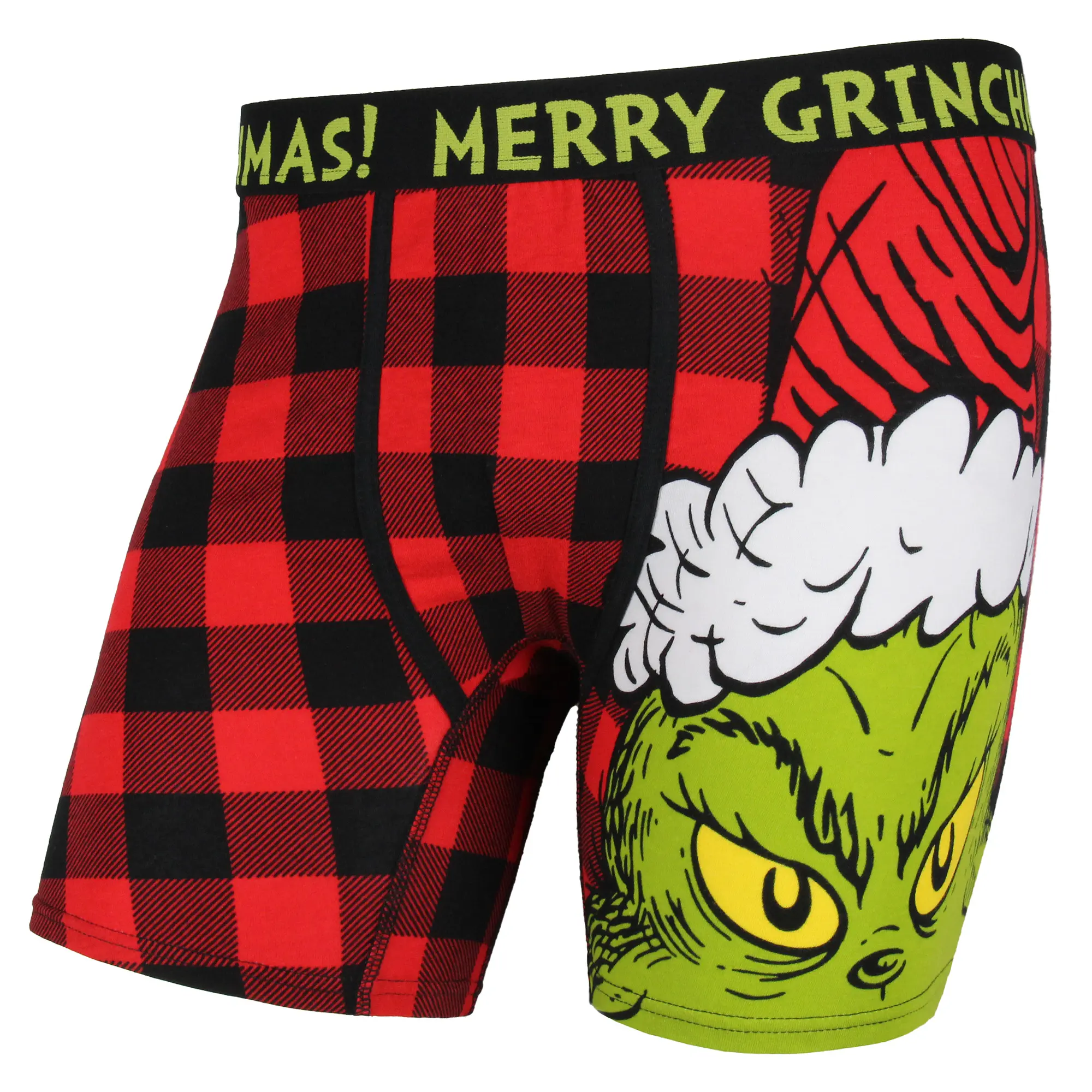 Grinch Boxers Dr. Seuss Men's Grinch Santa Merry Grinchmas Holiday Novelty Buffalo Plaid Boxer Briefs Underwear, Spandex, Menswear, Print, Cotton, Classic, Breathable, Festive, Stretchy Fabric, Birthday