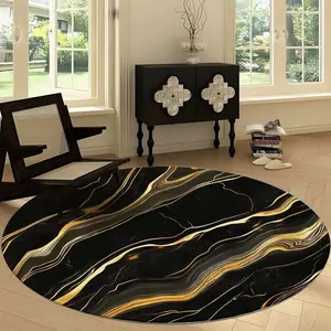 Round Area Rug, Black and Gold Marble Texture, Black Gold Washable Non-Slip Circle Runner, Floor Carpet Mats Modern Home Decor Circle Carpets