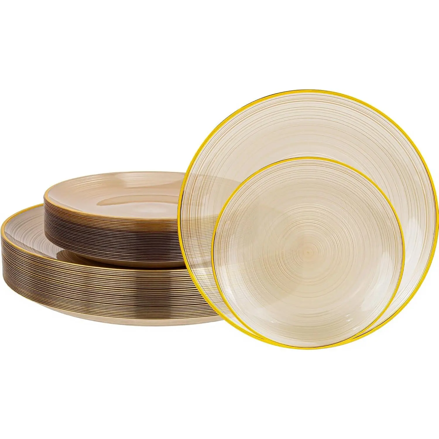 60Pcs Sturdy Round Brown Disposable Plastic Plates with Gold Rim, Box Pack for Party Use