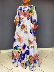 Elegant Colorblock Print Waist-Centric Long Dress, Loose-Fit Round Neck Sleeveless Women's Gown, Perfect for Casual & Party Wear, Womenswear