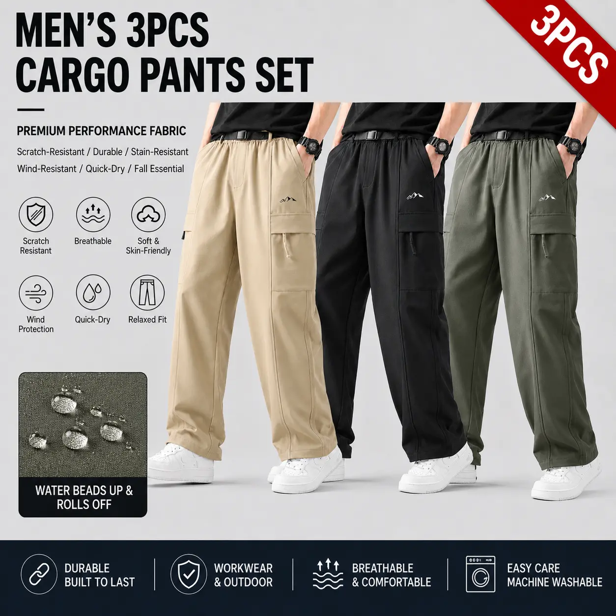 Men’s 3-pack loose, comfortable cargo pants with belt included; elastic waistband, multiple pockets; casual pants that are waterproof/windproof/colorfast/pilling-resistant/non-deforming/durable/stain-resistant/easy to clean; lightweight straight-leg desig