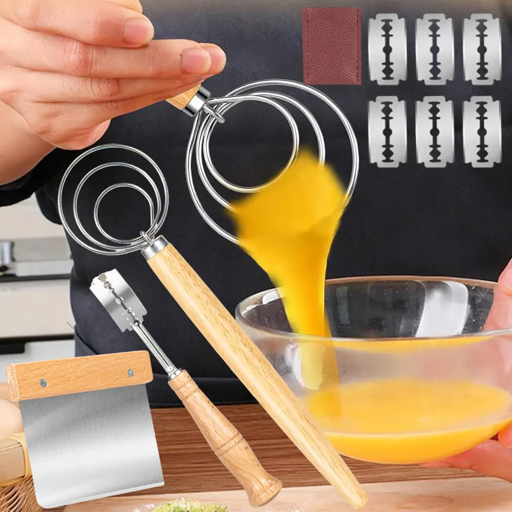Bread Whisk Set of 3 Pieces,Bread Making Tools and Supplies,Danish Sourdough Whisks,Dutch Whisks for Dough,With Dough Scraper Sourdough Cutter,Lame Doughs Scoring Tool Blades Bakeware Stainless
